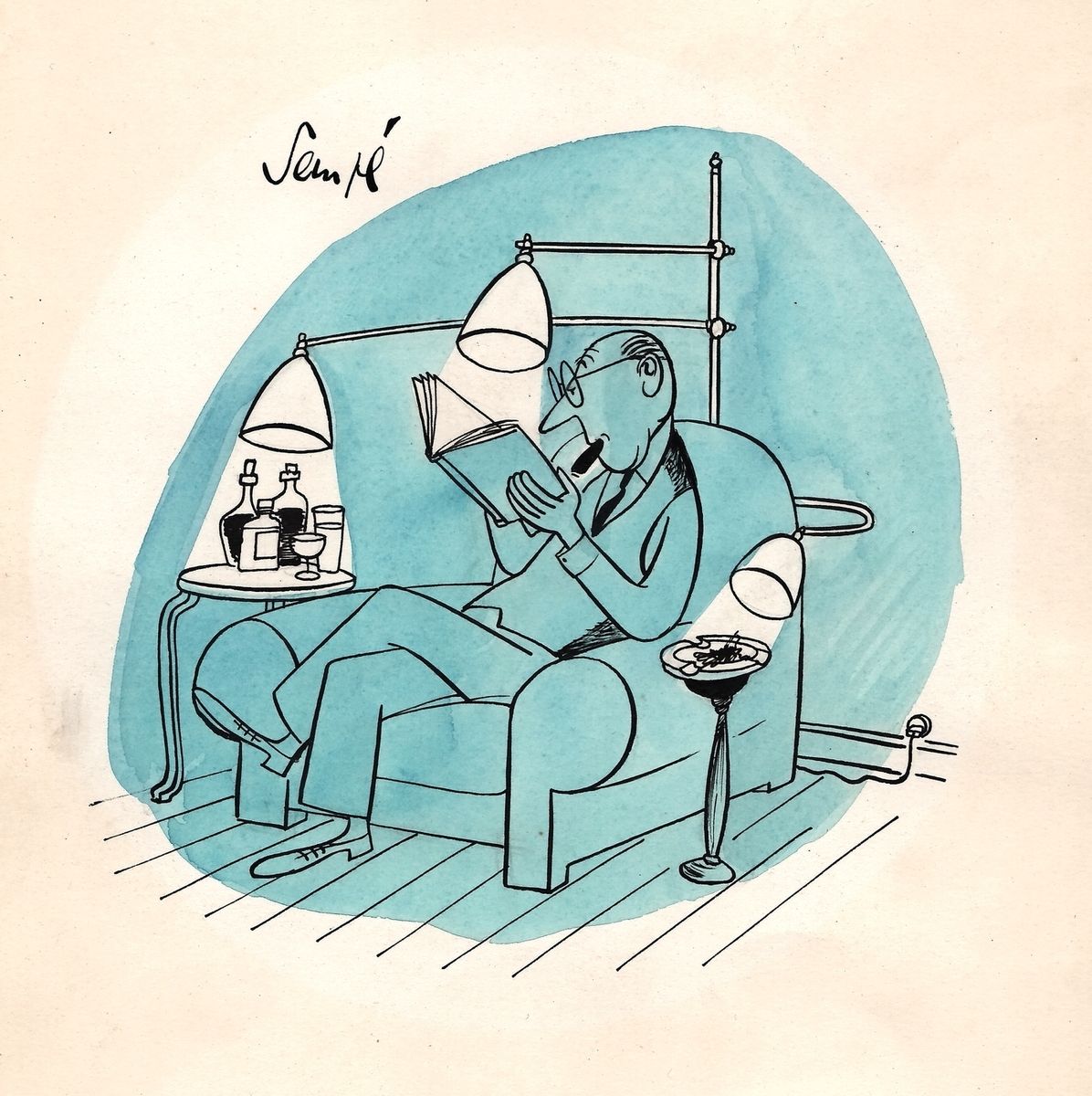 Ilustración en tinta china y acuarela azul sobre papel de dibujo que  representa a un hombre sentado y leyendo un libro. El artista impone su  estilo gráfico, que es a la vez
