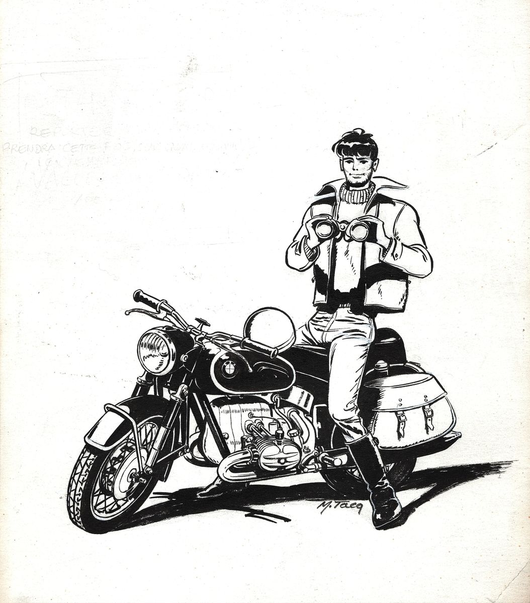 Mitacq : 斯坦尼-德瓦尔，印度水墨插图，显示主人公骑着他的宝马摩托车。这幅画是在这个冒险系列的开始时画的，主人公在其中担任电视记者。与 "La Patr&hellip;