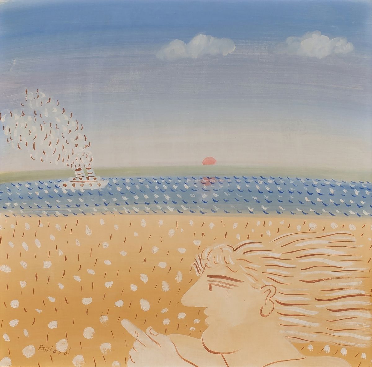 Alexandre FASSIANOS (1935-2022) 亚历山大-法西阿诺斯 (1935-2022)
海边的女人
布面油画
左下方有签名："Fassia&hellip;
