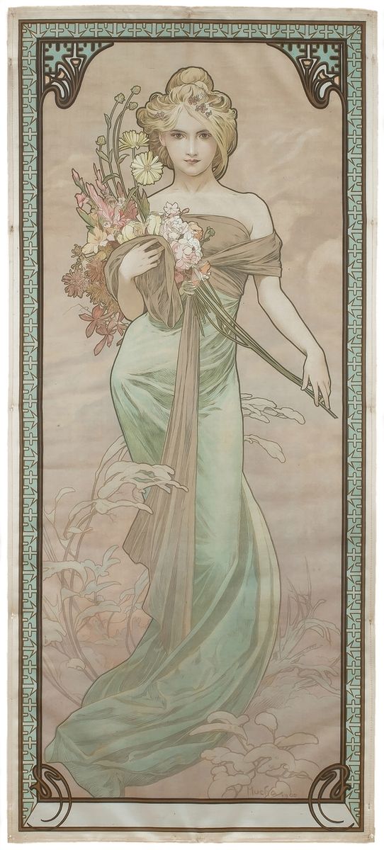Alphonse MUCHA (1860-1939) 阿尔方斯-穆夏(Alphonse MUCHA) (1860-1939)
春天
彩色平版印刷品，缎面
190&hellip;