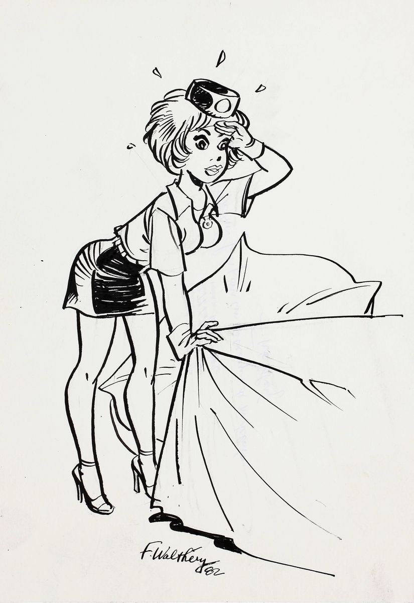 Walthéry : 娜塔莎，印度水墨插图，显示女主人公身着空姐装，面对一张床。这幅作品是为1982年5月的广告目录而作。有签名和日期，1982年。尺寸：21 &hellip;
