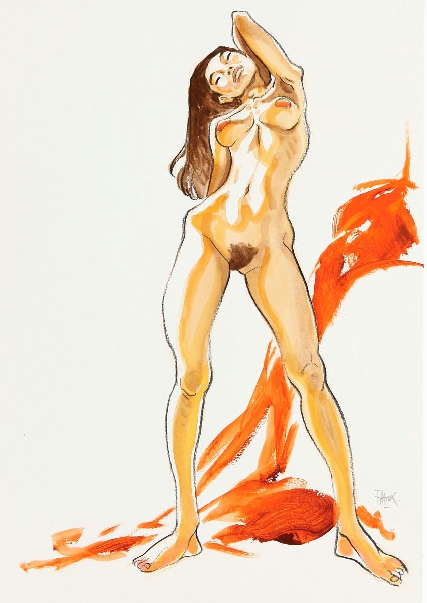 Frank Pé : 用油性铅笔、水彩和丙烯酸在画纸上的插图，表现一个年轻的裸体女人。由于她的图形能力，艺术家为我们提供了一个具有真正情感深度的构成。已签名。尺&hellip;