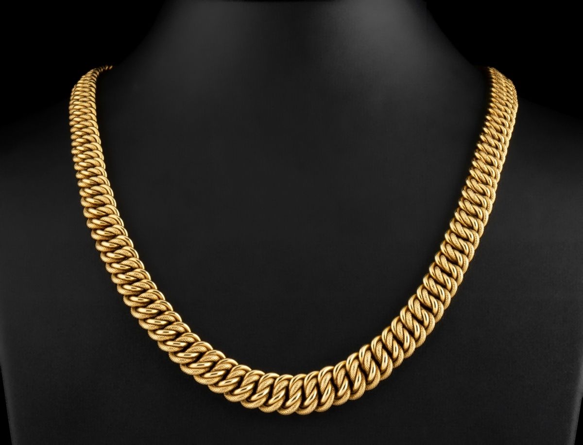 Null 典型的1950/1960年代的项链，由18K（750千分之一）黄金的双美式链接组成。滴水线交替出现在尖端的精细装饰链节和光滑链节。美丽的弹性。 
长度&hellip;