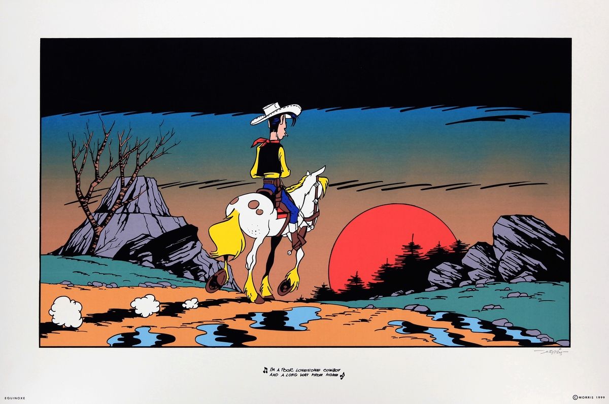 Morris : Lucky Luke, Siebdruck, der das letzte Feld der Alben darstellt, signier&hellip;