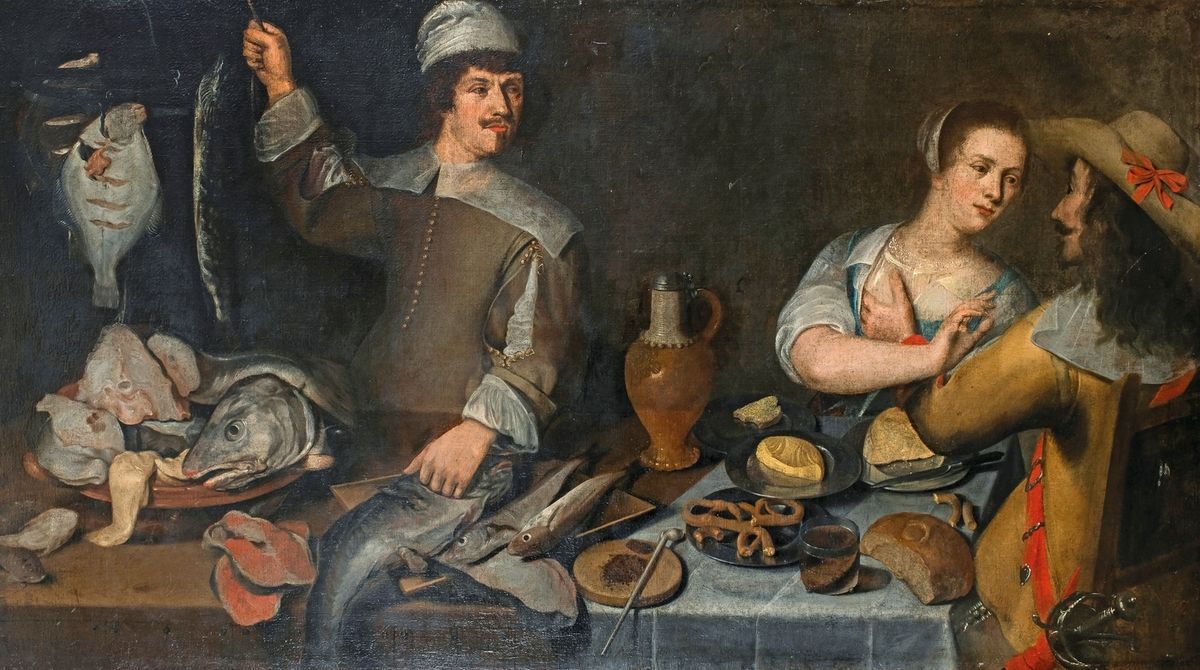Null École flamande vers 1625
Étalage d'un marchand de poissons, allégorie du to&hellip;