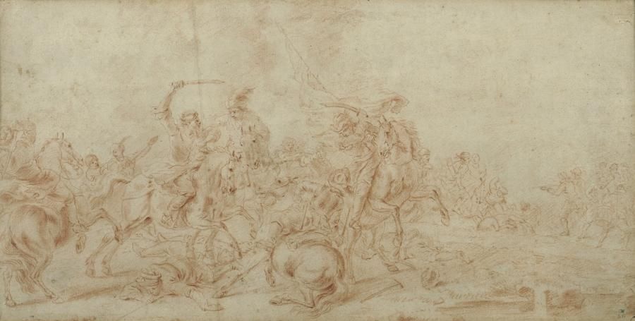 Ecole Flamande du XVIIIe siècle Combat de cavaliers Sanguine A vue, 19 x 38 cm C&hellip;