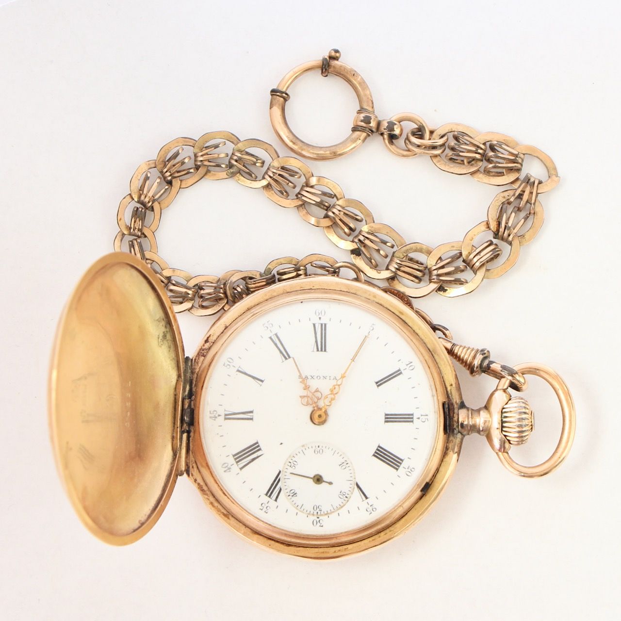 Null Pocket watch, 2 covers 14 ct, Saxonia, white dial with Roman numerals, tarn&hellip;