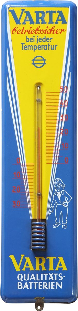 Null Plaque émaillée Thermomètre Varta Batterien, Hagen-Wehringhausen, vers 1960&hellip;