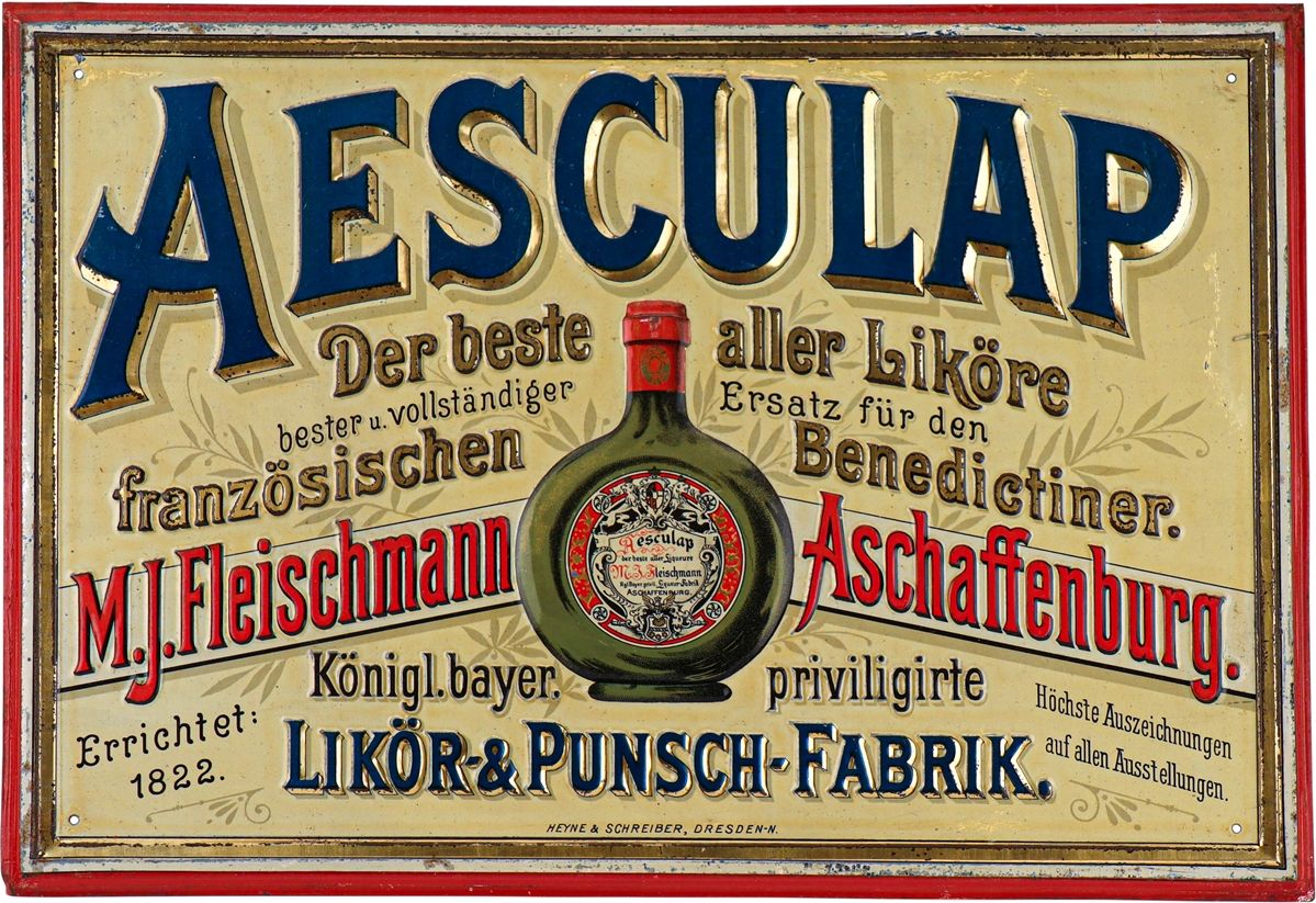 Null Plaque en tôle Aesculap, le meilleur des liqueurs, Aschaffenburg, vers 1900&hellip;