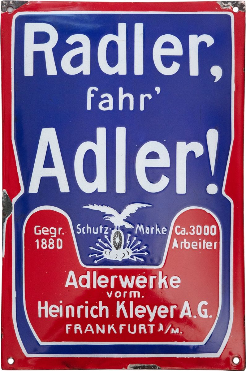Null Plaque en émail Radler, fahr Adler, Francfort-sur-le-Main, vers 1910

Plaqu&hellip;