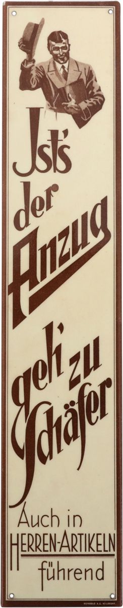Null Panneau publicitaire Schäfer Anzug, plaque de porte, vers 1920

Plaque de p&hellip;