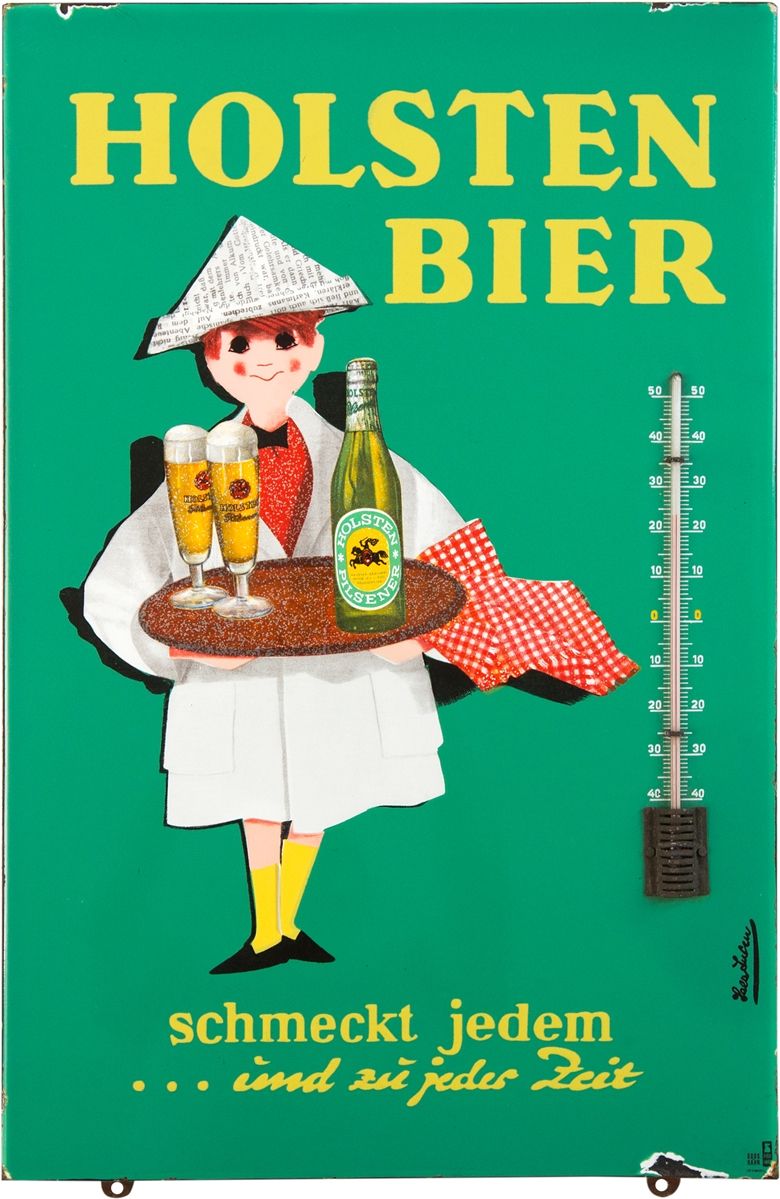 Null Termometro a smalto Holsten Bier, firmato, Amburgo, 1950 ca.

Segno smaltat&hellip;