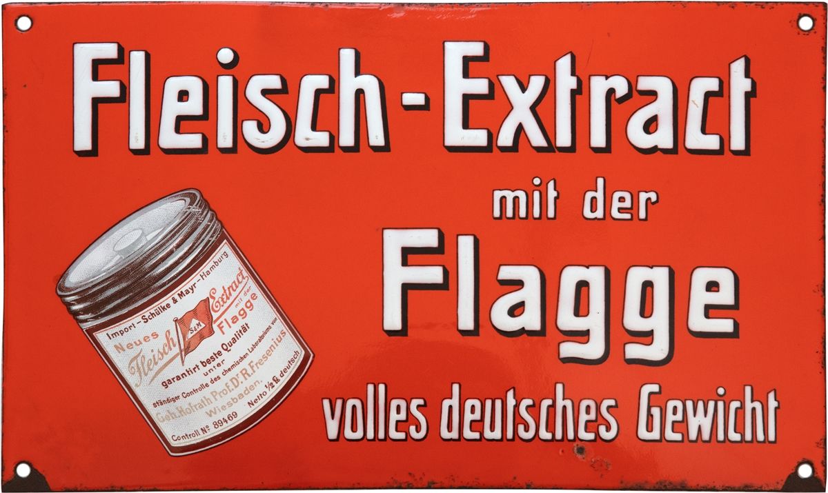 Null Plaque en émail Fleisch Extract avec le drapeau, Hambourg, vers 1900

Plaqu&hellip;