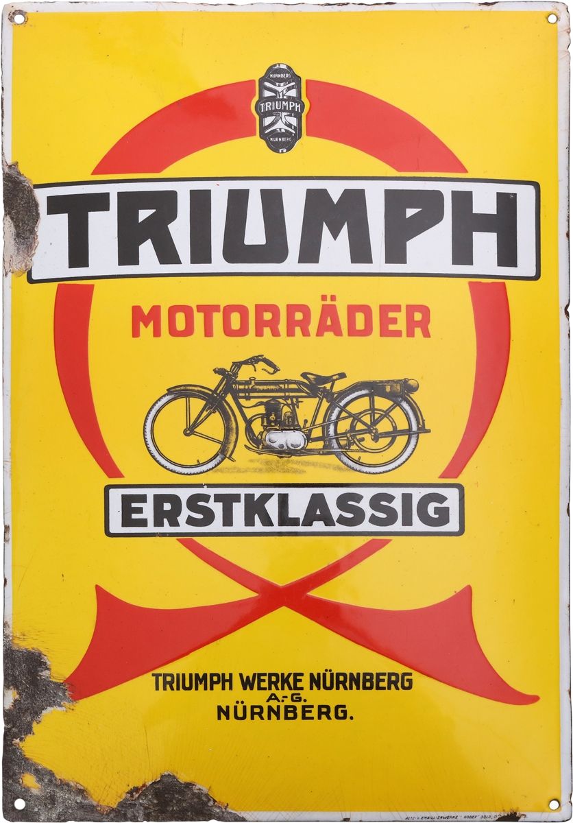 Null Plaque en émail Triumph Motorräder, Nuremberg, vers 1920 

Plaque en émail &hellip;