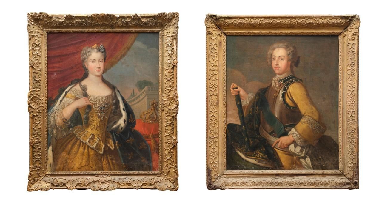 Null 18 世纪法国画派，卡勒-凡-卢（1705-1765 年）的随行人员
年轻的路易十五和他的妻子玛丽-莱辛斯卡的肖像
一对油画
雕刻和镀金木框，路易十五&hellip;