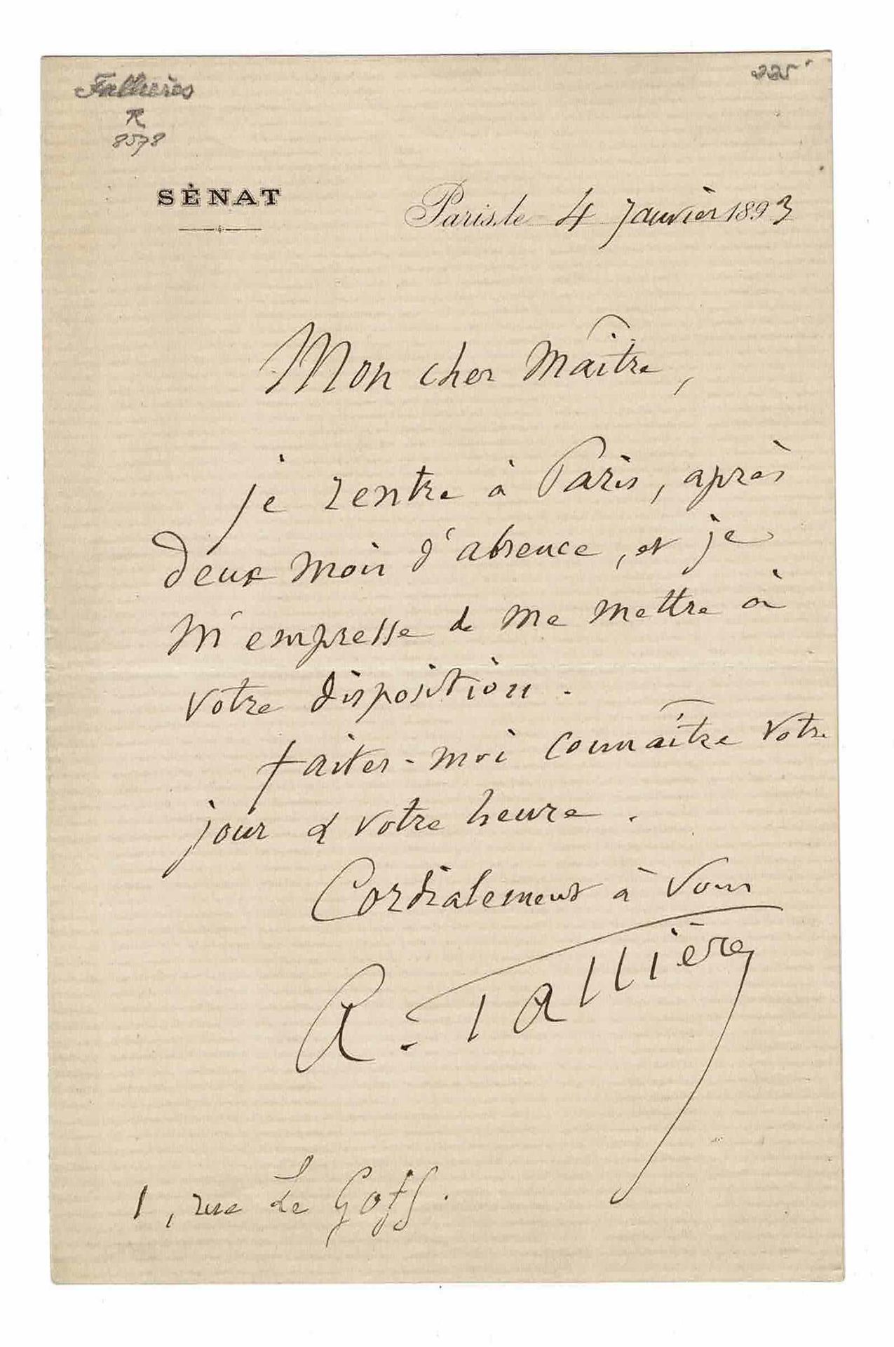 HISTORY - FALLIERES Armand (1841 - 1931) - Autograph letter signed Après des étu&hellip;