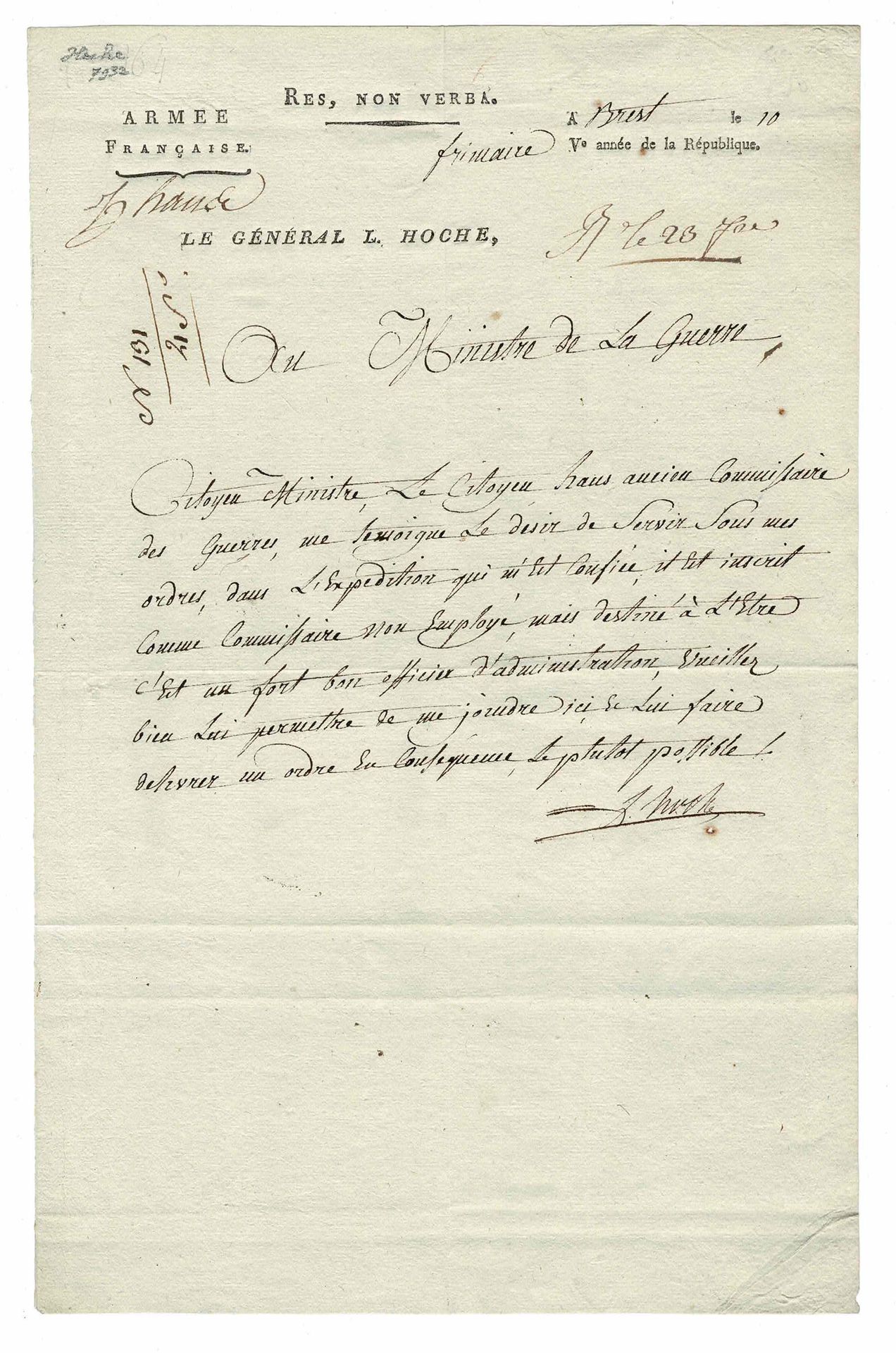 HISTORY - HOCHE Lazare (1768 - 1797) - Letter signed Général à 25 ans, il comman&hellip;