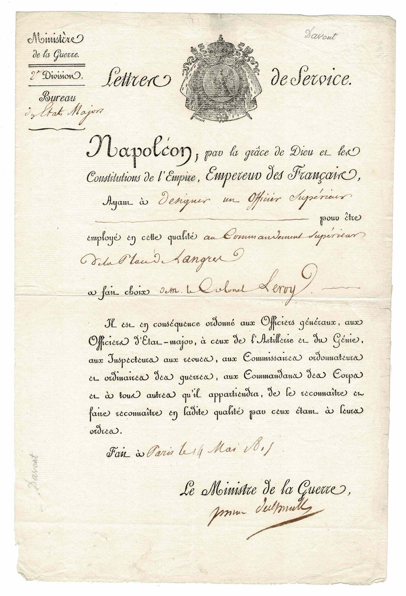 HISTORY - DAVOUT Louis Nicolas (1770 - 1923) - Document signed 巴黎军校。1783 年被任命为准将&hellip;