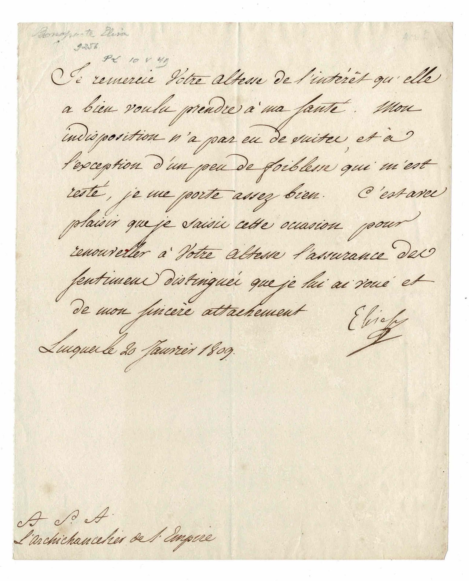 HISTORY - BONAPARTE Elisa (1777 - 1820) - Autograph letter signed Sœur de Napolé&hellip;