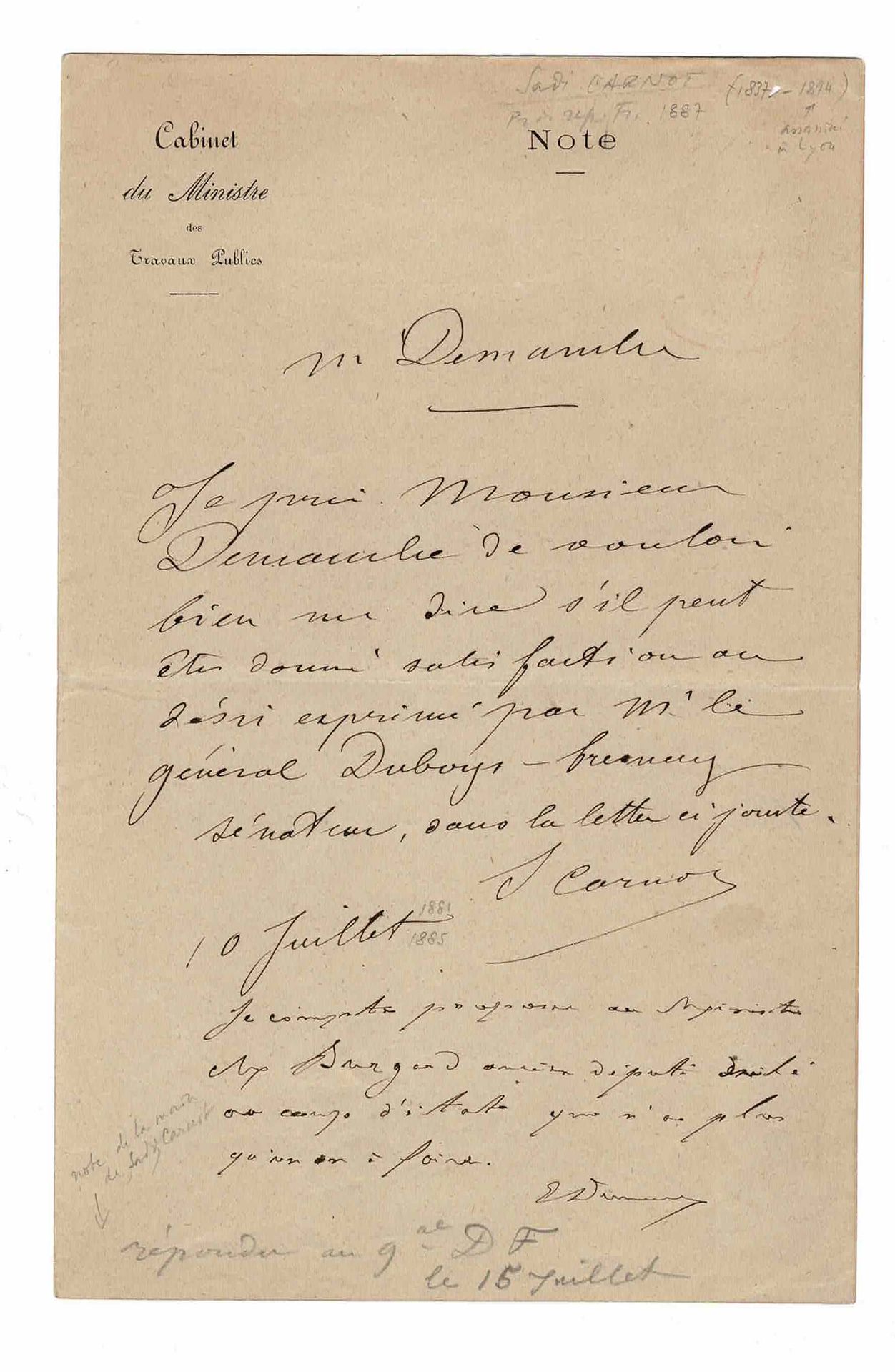 HISTORY - CARNOT Sadi (1837 - 1894) - Autograph letter signed Etudes à l'Ecole P&hellip;
