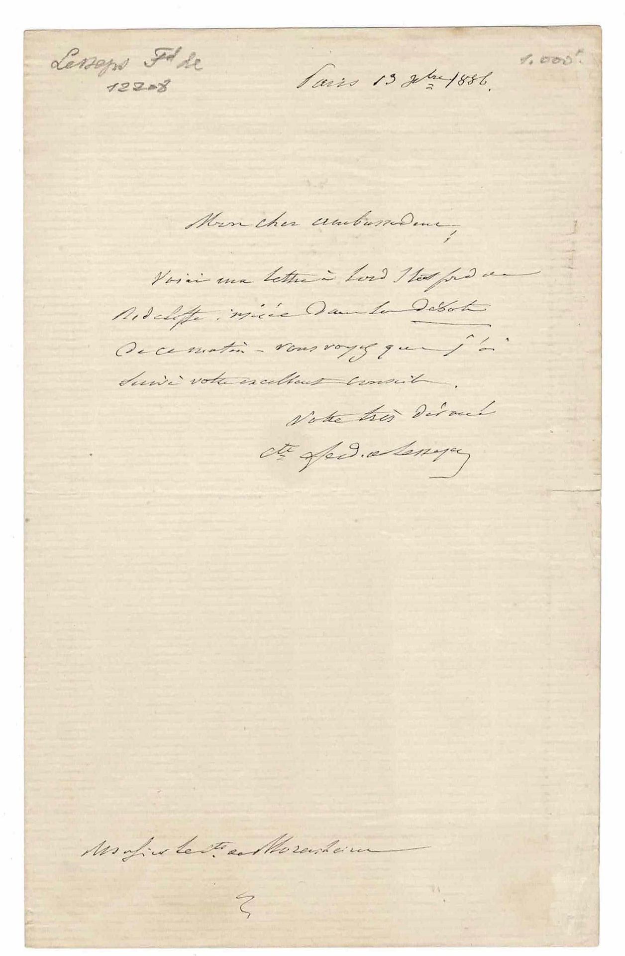 HISTORY - DE LESSEPS Ferdinand Marie (1805 - 1894) - Autograph letter signed Il &hellip;