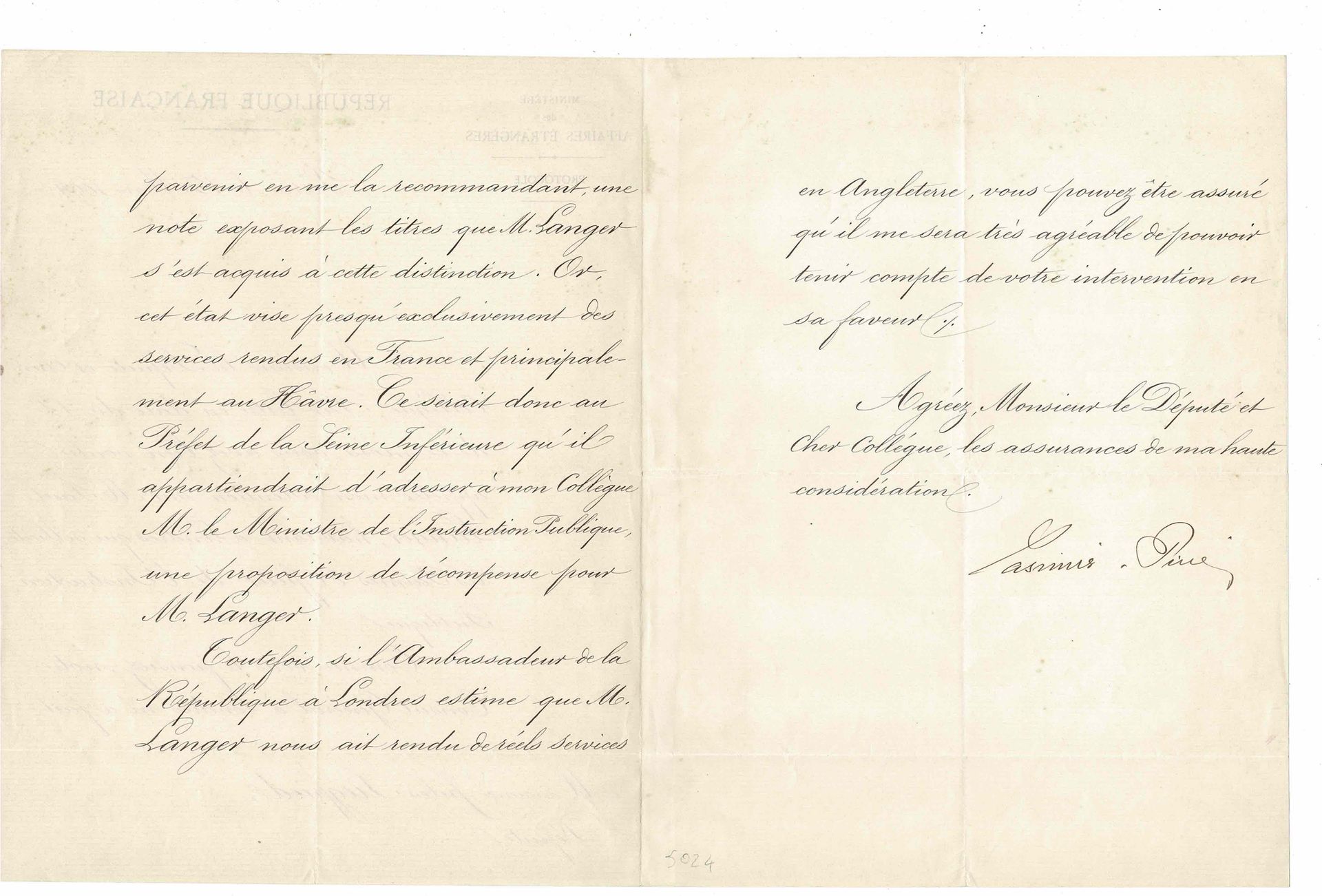HISTORY - CASIMIR-PERIER Jean (1847 - 1907) - Autograph letter signed Il a étudi&hellip;