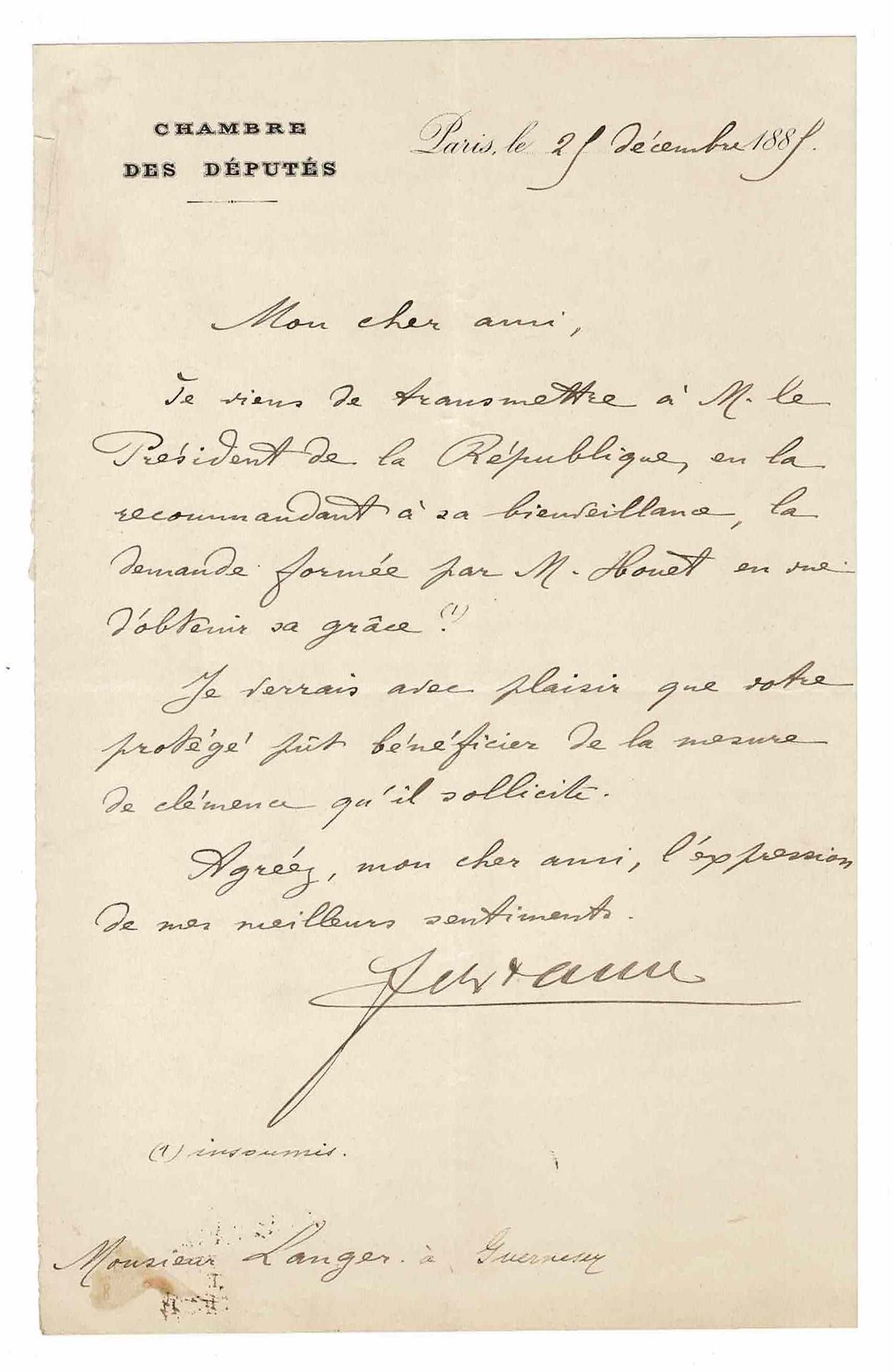 HISTORY - FAURE Félix (1841 - 1899) - Autograph letter signed Président de la Ré&hellip;
