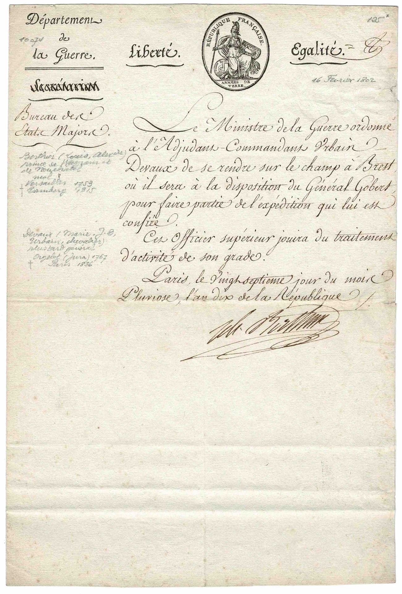 HISTORY - BERTHIER Louis Alexandre (1753 - 1815) - Autograph letter signed Lette&hellip;