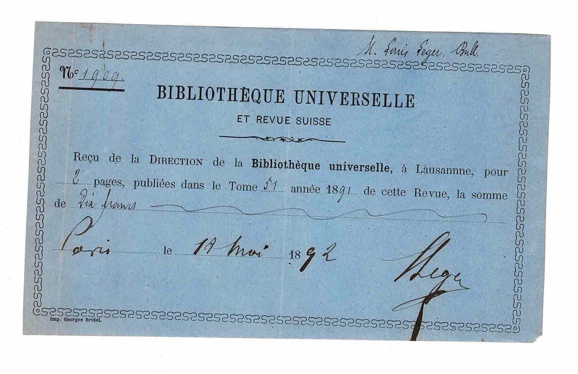 LITERATURE - LEGER Louis (1843 - 1923) - Receipt with signature 法国学者，斯拉夫语言和文明专家。&hellip;