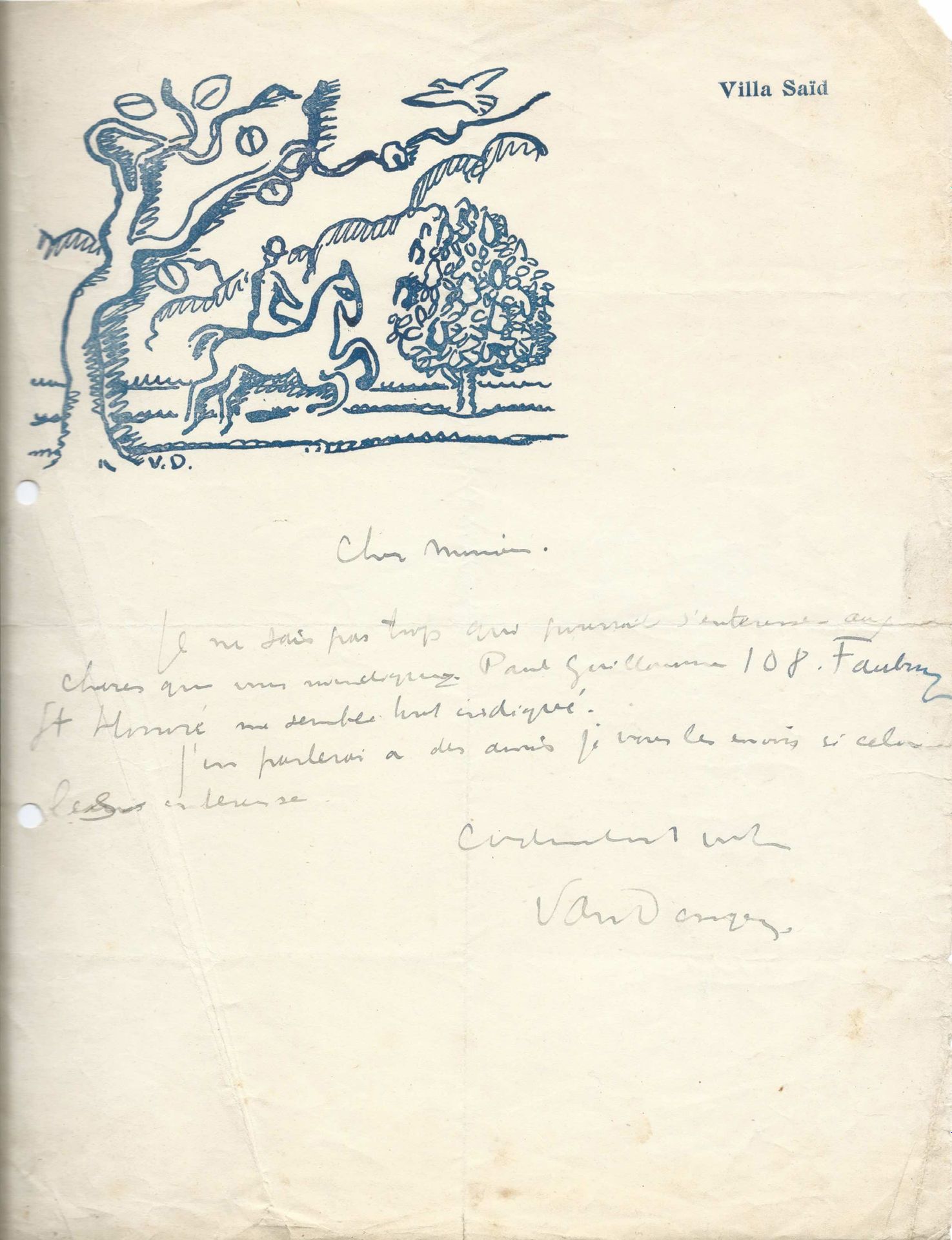 ART - VAN DONGEN Kees (1877 - 1969) - Autograph letter signed 荷兰画家的签名亲笔信，未注明日期。致&hellip;