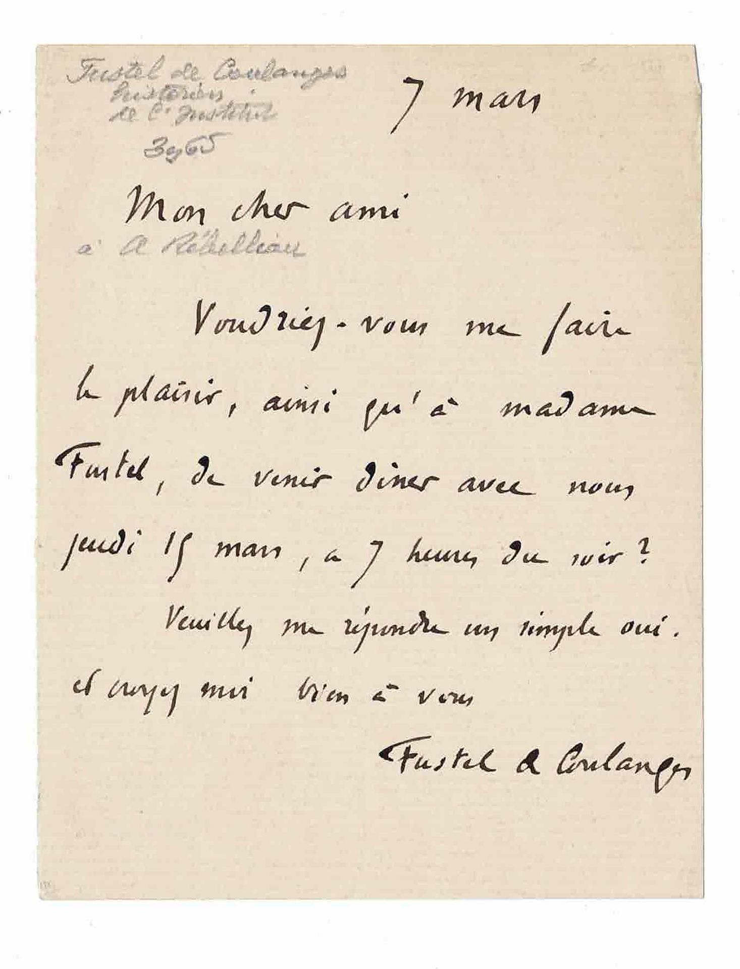 LITERATURE - FUSTEL DE COULANGES Numa Denis (1830 - 1889) - Autograph letter sig&hellip;