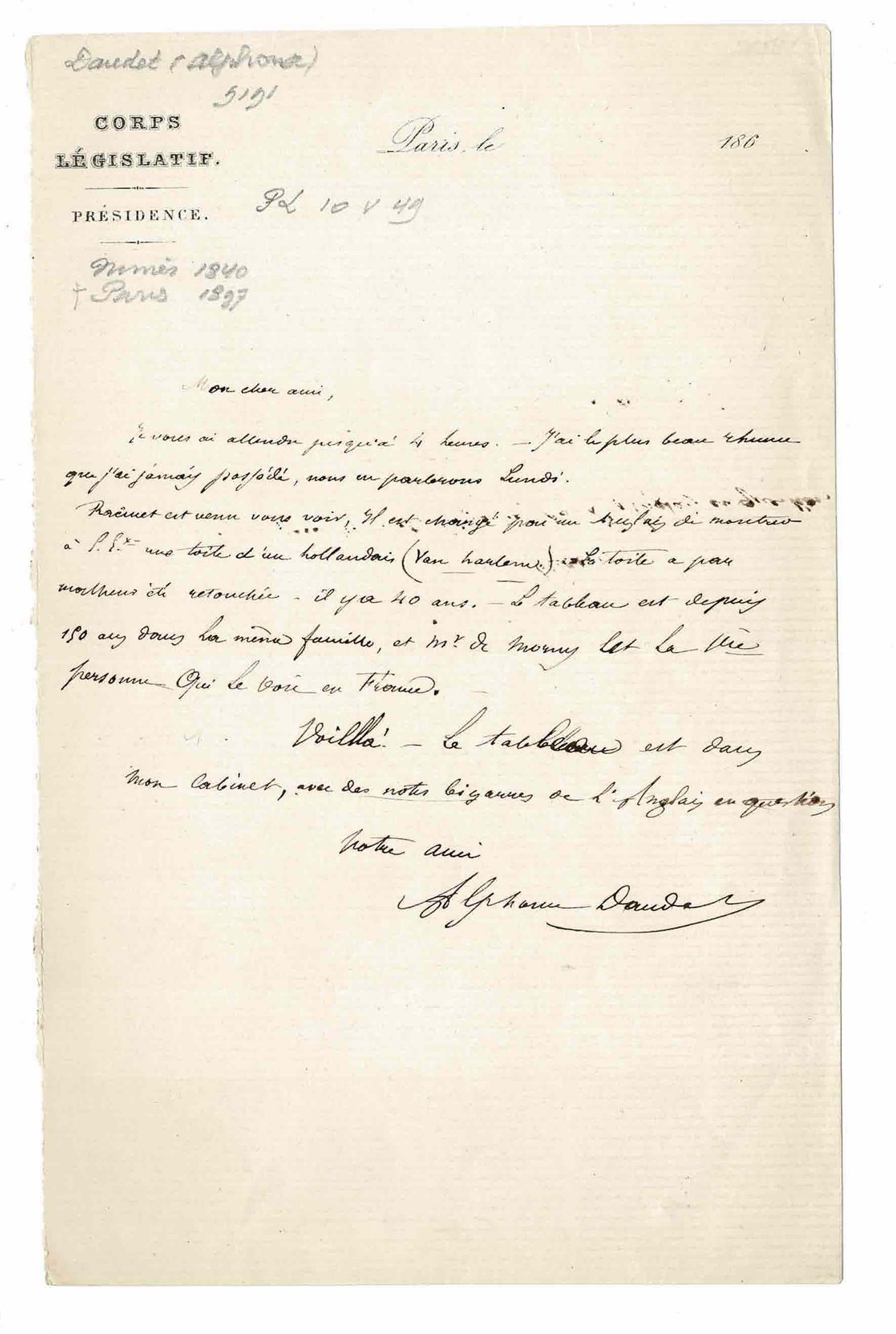 LITERATURE - DAUDET Alphonse (1840 - 1897) - Autograph letter signed 他是一位小说家、说书人&hellip;