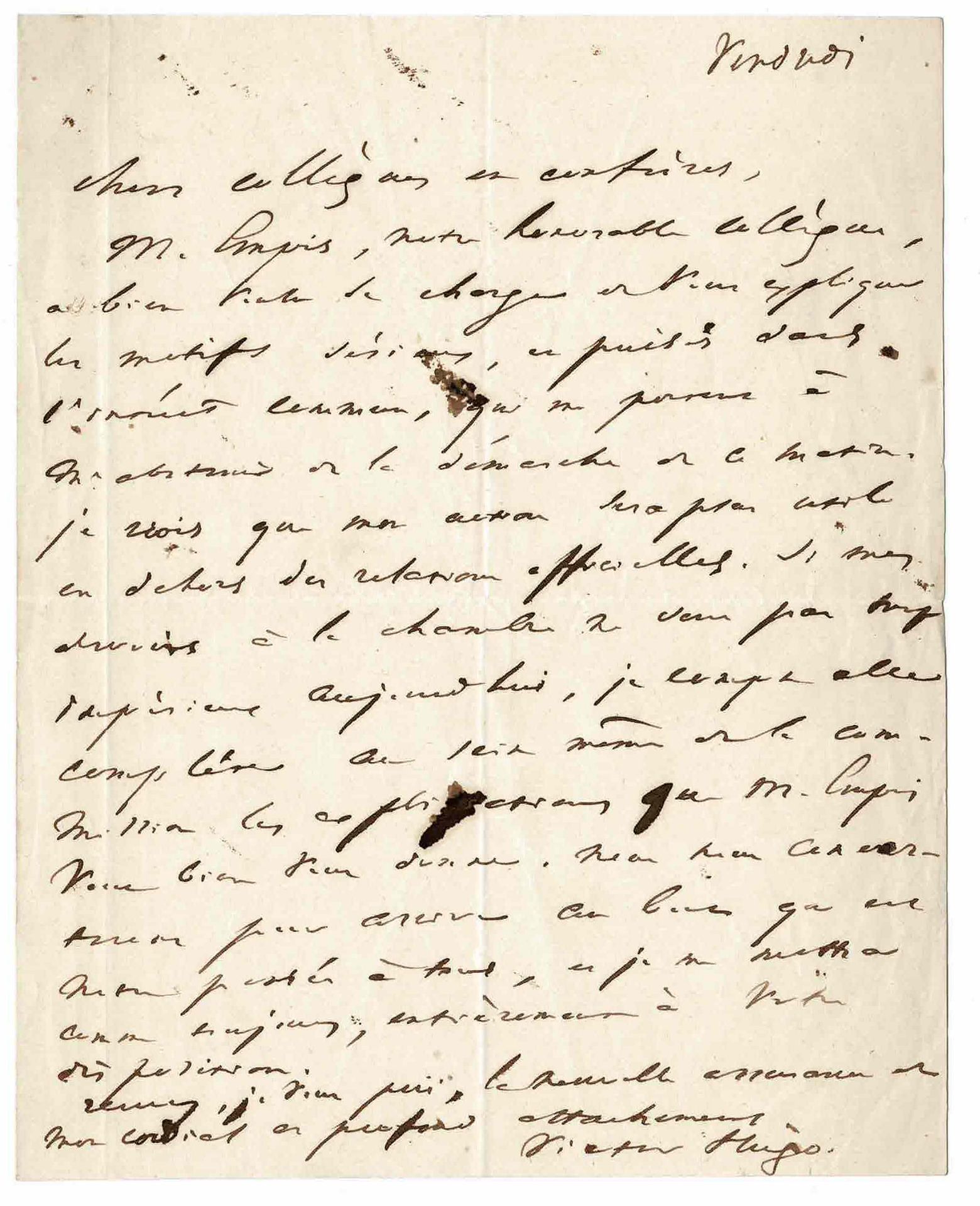 LITERATURE - HUGO Victor (1802 - 1885) - Autograph letter signed Fils d'un génér&hellip;