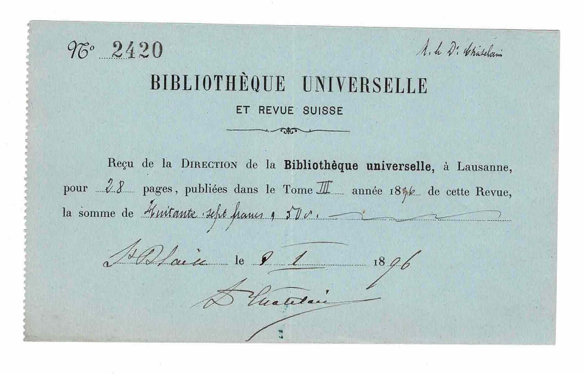 SCIENCE AND MEDICINE - CHATELAIN Auguste (1838 - 1923) - Receipt signed Studied &hellip;