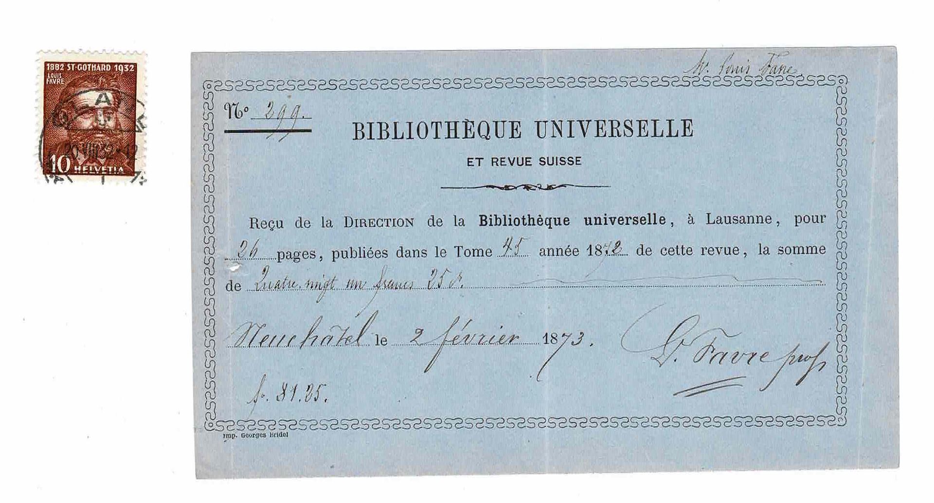 SCIENCE AND MEDICINE - FAVRE Louis (1870 - 1879) - Receipt signed Architecte et &hellip;