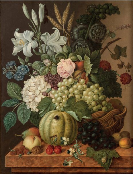 JAN VOS (actif à Amsterdam vers 1814-1818) NATURE MORTE DE FLEURS ET DE FRUITS 1&hellip;