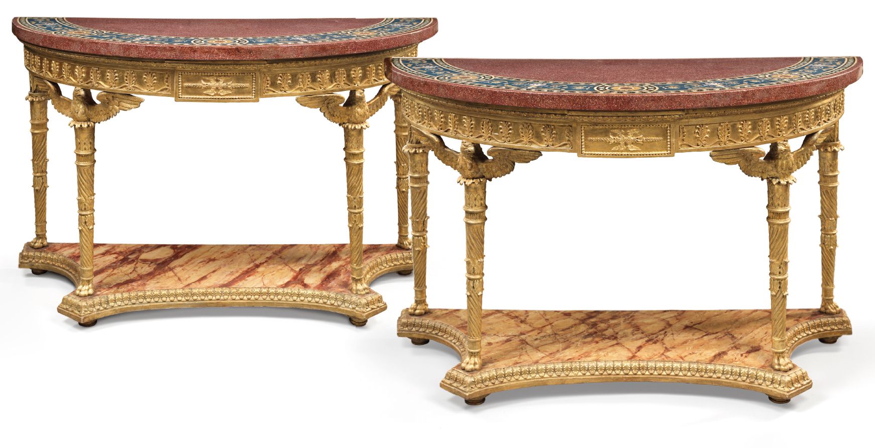 Null 
PAIR OF HEMICYCLE CONSOLES Italy, late 18th century

Carved, gilded and pa&hellip;