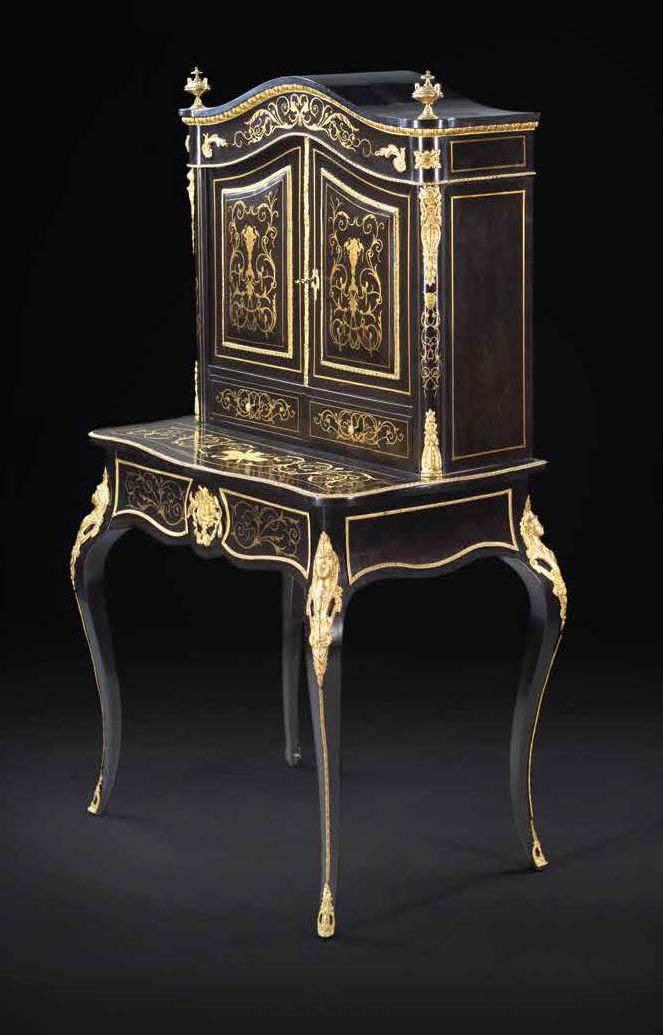 Null BONHEUR DU JOUR Napoleon III period Ebony veneer; brass marquetry; gilt bro&hellip;