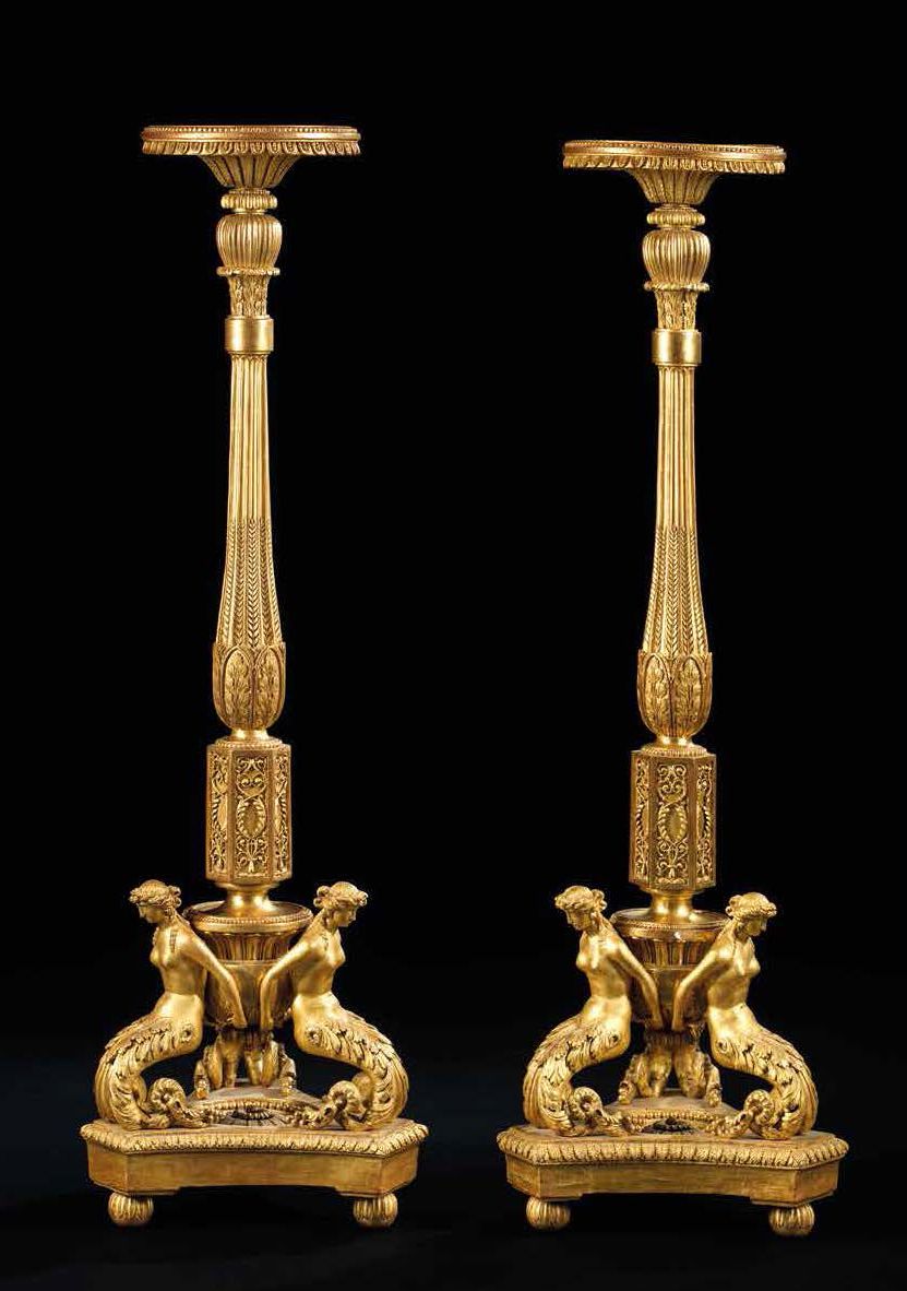 Null 一对 "带警报器 "的火炬架
归属乔治-雅各布（1739-1814）
1769年在座位上接受木匠大师的指导
巴黎，路易十六时期，约1780年
镀金木
&hellip;