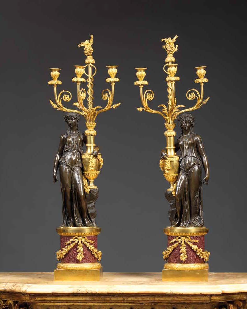 D'après CLODION, CLAUDE MICHEL DIT (Nancy, 1738 - Paris, 1814) 路易十六时期的一对大型埃及雕像烛台&hellip;