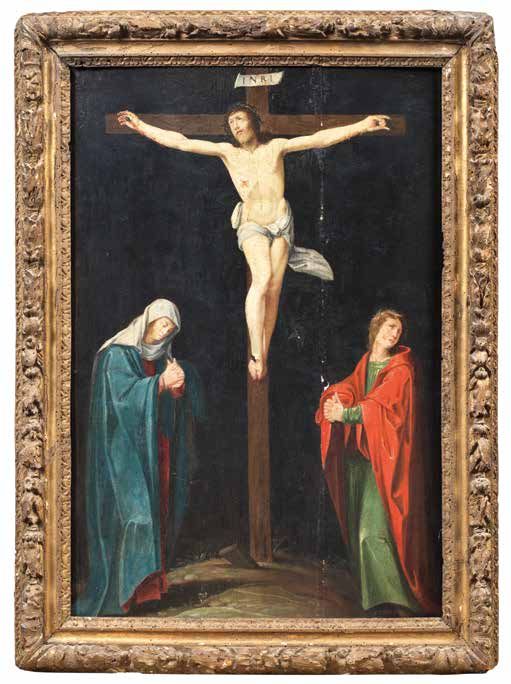 Null 基督在圣约翰和圣人之间的十字架上 法国，17世纪
面板
遗漏和小事故，旧修复
H.65.5 cm x W. 45 cm
镀金木框
法国路易十四时期的作&hellip;