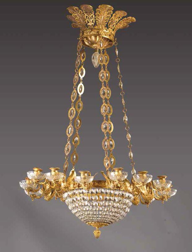 Null 碗中点灯，有天鹅 法国，约1820年
鎏金青铜；玻璃
H.110厘米，直径79厘米
一顶羽毛的王冠，用链子装饰着凸圆形玻璃，篮子的边上是鎏金铜的天鹅。