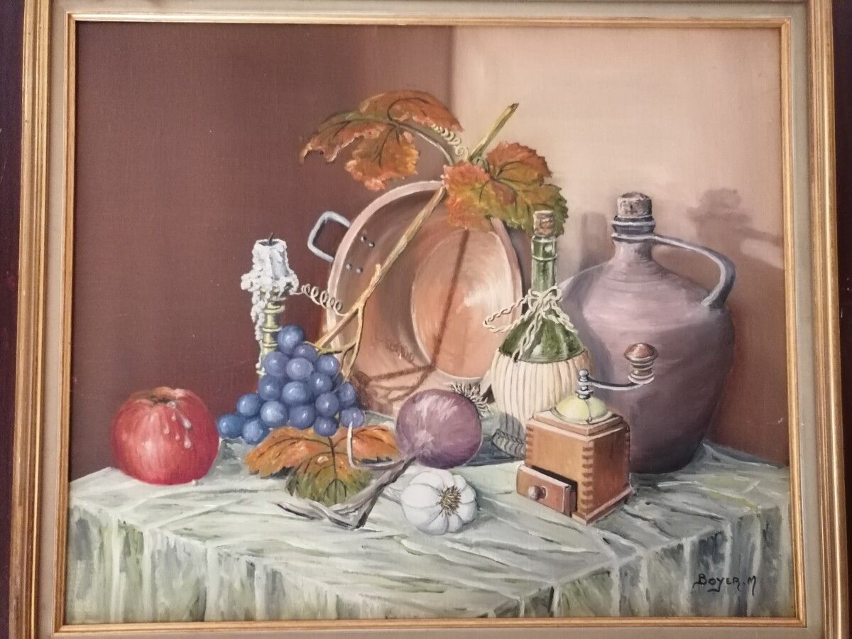 Null M. BOYER "Nature morte aux fruits et cuivre", huile sur toile signée en bas&hellip;