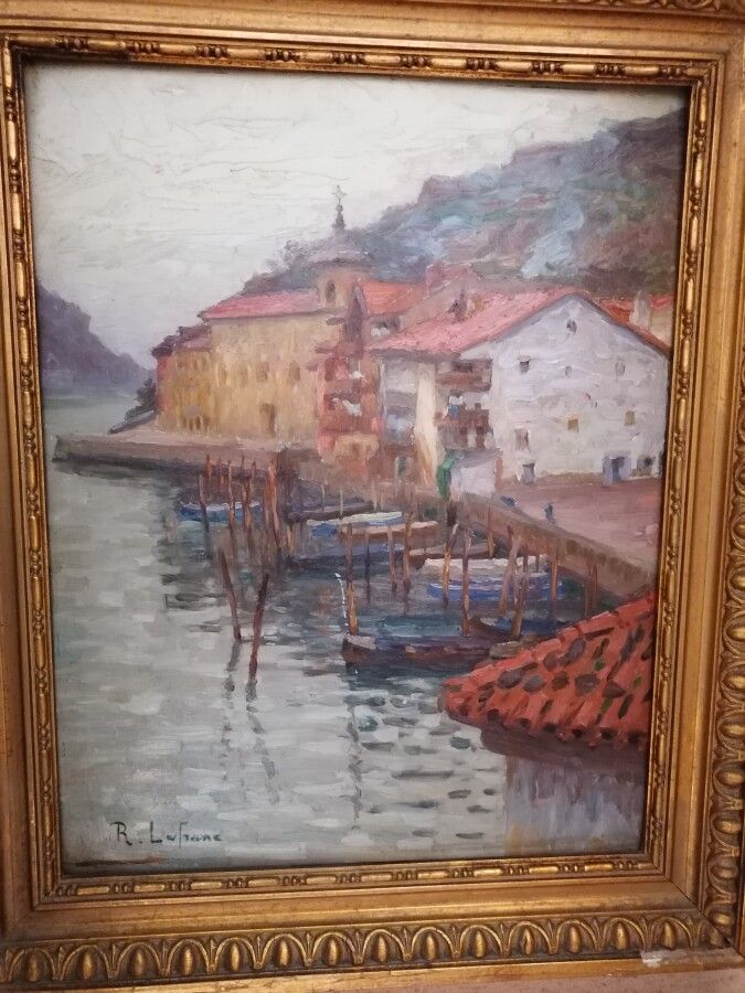 Null Roland LEFRANC (1931-2000) "水边的村庄"，面板油画，左下角有签名。39x31厘米