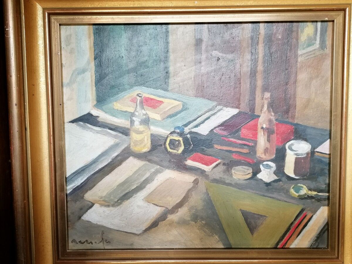 Null Jean Constant Raymond RENEFER (1879-1957)《带墨汁的静物》，木板油画，左下角有签名 20x24 cm