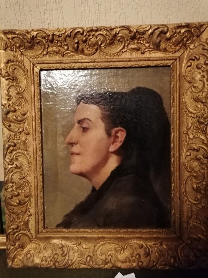 Null 乔治-施莱贝尔（归属）的 "女性侧面肖像"，布面油画，40x32厘米（油漆碎片）。