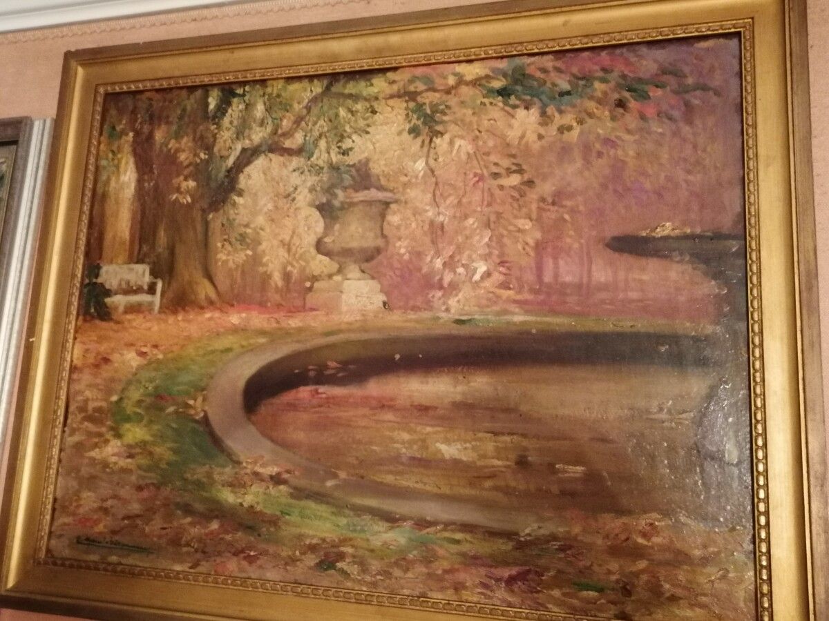 Null 皮埃尔-阿梅德-马塞尔-贝罗内奥《秋天的公园池塘》板面油画，左下角有签名 49x63厘米