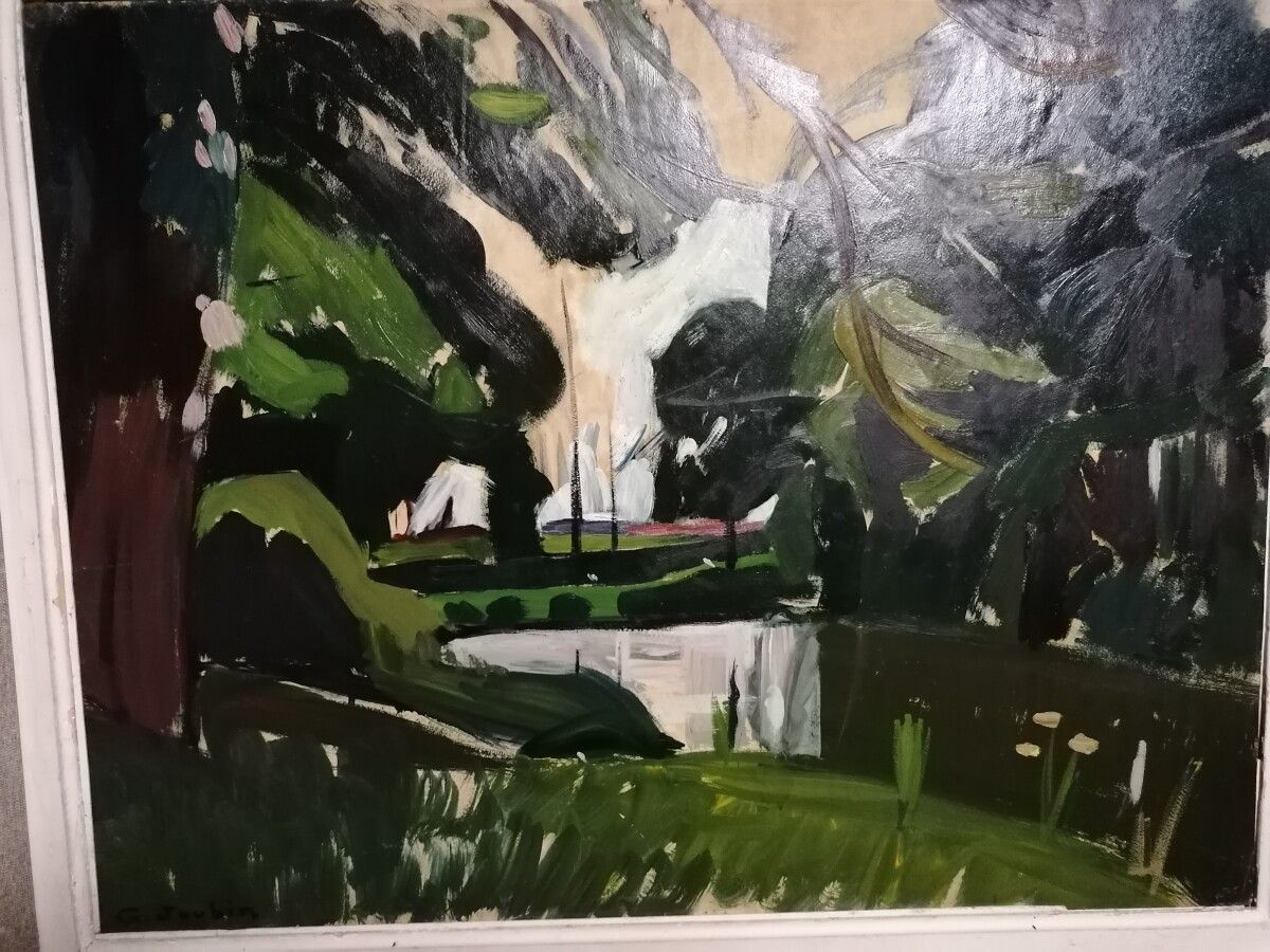 Null (地下室办公室) Georges JOUBIN "les bords de l'étang "板上油画。49x62厘米