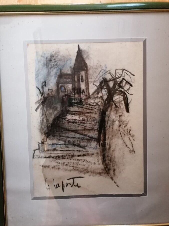 Null G. LAPORTE "Landscape at the church" charcoal
