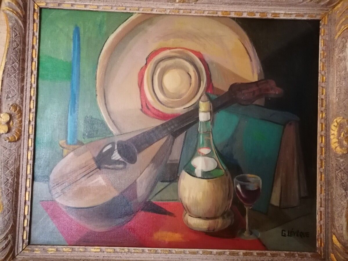 Null G. LEVEQUE "Nature morte à la mandoline", huile sur toile signée en bas à d&hellip;